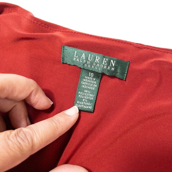 Ralph Lauren Red Ruched Midi Dress With Surplice Neckline SZ 10 M Dinner Party - Picture 7 of 9